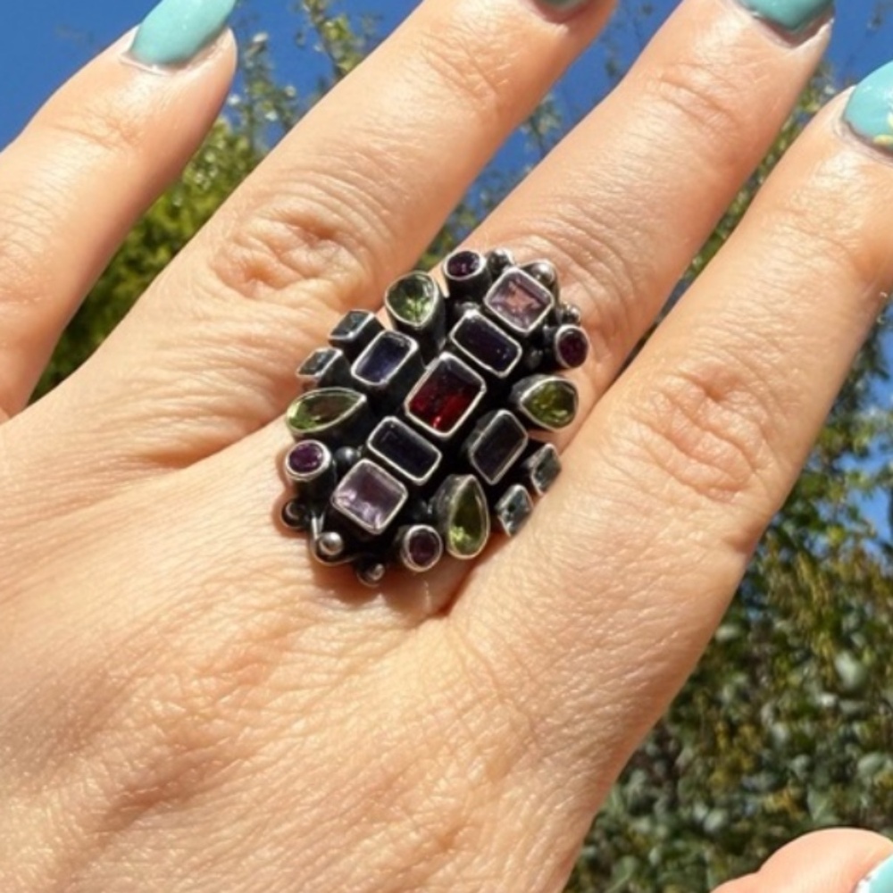 Vintage NB Nicky Butler Sterling Silver Multi Gemstone Cluster Ring Size 8